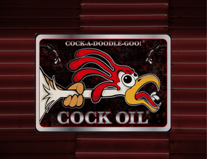 Cock Oil Aluminum Metal Sign – Horizontal Chicken Arrow Logo