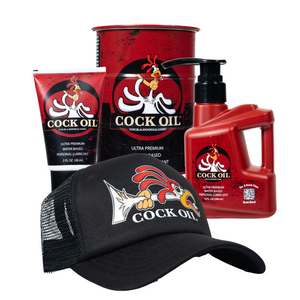 Ultimate Cock Oil Bundle – Drum, 2 oz Tube, 10 oz Bottle & Branded Hat